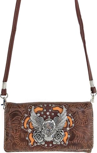 Zelris Sugar Skull Roses Angel Wing Women Crossbody Wrist Handle Trifold Wallet in Kuwait
