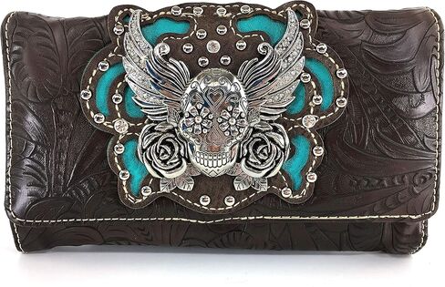 Zelris Sugar Skull Roses Angel Wing Women Crossbody Wrist Handle Trifold Wallet in Kuwait