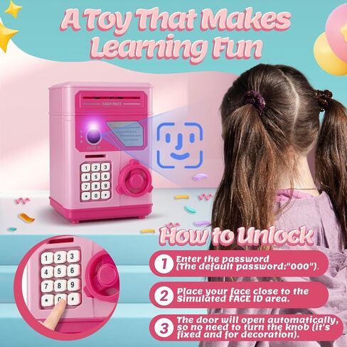 Electronic Piggy Bank for Kids Safe 2024, Pink Money Savings Bank with Password & Face ID Simulation, Mini ATM Safe Coin Bank with Auto Bill Slot, Christmas Birthday Toy Gift for Girls Age 6 7 8 9 10 in Saudi Arabia