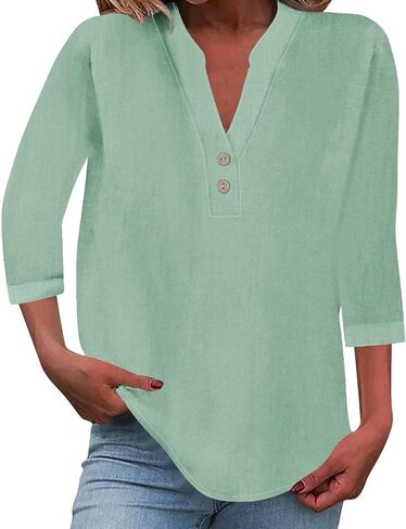 Linen Tops for Women 2025 Summer 3/4 Sleeve V Neck Casual Blouses Summer Beach Vacation Dressy Loose Light Shirts in Saudi Arabia