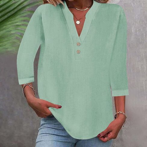 Linen Tops for Women 2025 Summer 3/4 Sleeve V Neck Casual Blouses Summer Beach Vacation Dressy Loose Light Shirts in Saudi Arabia