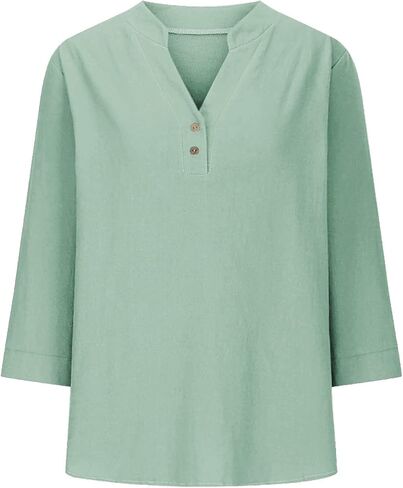 Linen Tops for Women 2025 Summer 3/4 Sleeve V Neck Casual Blouses Summer Beach Vacation Dressy Loose Light Shirts in Saudi Arabia