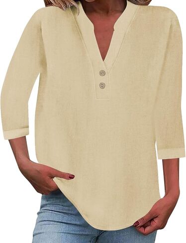 Linen Tops for Women 2025 Summer 3/4 Sleeve V Neck Casual Blouses Summer Beach Vacation Dressy Loose Light Shirts in Saudi Arabia