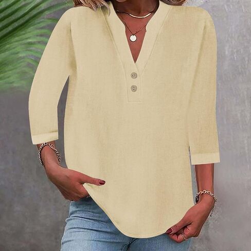 Linen Tops for Women 2025 Summer 3/4 Sleeve V Neck Casual Blouses Summer Beach Vacation Dressy Loose Light Shirts in Saudi Arabia