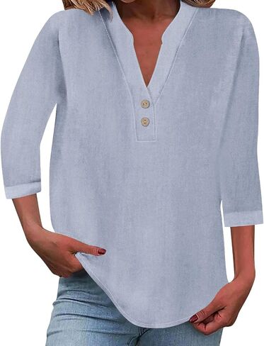 Linen Tops for Women 2025 Summer 3/4 Sleeve V Neck Casual Blouses Summer Beach Vacation Dressy Loose Light Shirts in Saudi Arabia
