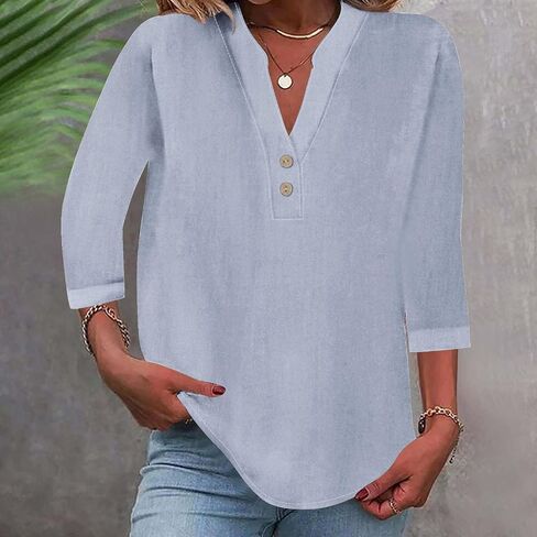 Linen Tops for Women 2025 Summer 3/4 Sleeve V Neck Casual Blouses Summer Beach Vacation Dressy Loose Light Shirts in Saudi Arabia