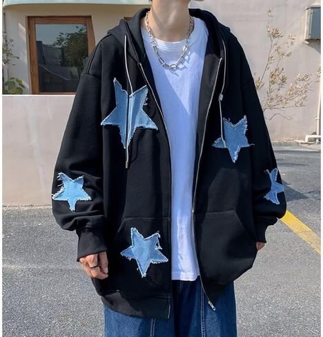 y2k هوديز الجرونج الكامل سترة سترة كبيرة النجوم النجوم sweatshirts acubi الملابس القوطية الهبي emo pullover معاطف (أسود ، xl) in Saudi Arabia
