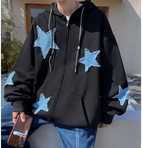 y2k هوديز الجرونج الكامل سترة سترة كبيرة النجوم النجوم sweatshirts acubi الملابس القوطية الهبي emo pullover معاطف (أسود ، xl) in Saudi Arabia