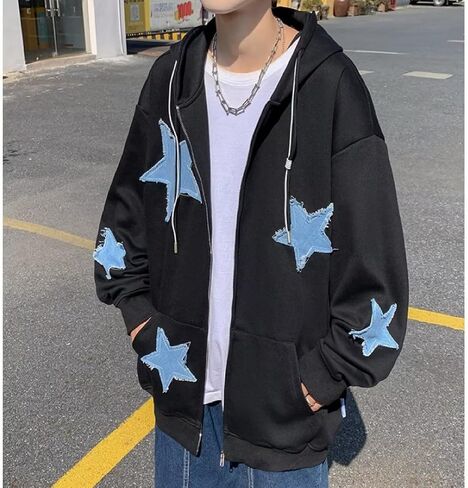 y2k هوديز الجرونج الكامل سترة سترة كبيرة النجوم النجوم sweatshirts acubi الملابس القوطية الهبي emo pullover معاطف (أسود ، xl) in Saudi Arabia