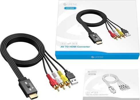 eSynic RCA to HDMI Converter 1080P 60Hz – 4:3/16:9 Aspect Ratio Switch for VCR/DVD/VHS to Modern TV – Built-in RCA & HDMI Cables – Plug & Play for NTSC/PAL – Retro Gaming & Home Movies in Kuwait