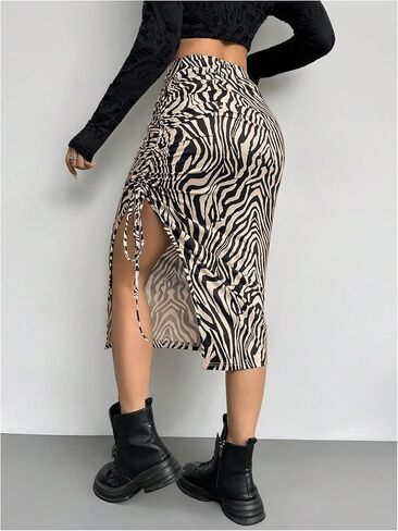 Verdusa Women's Animal Print Drawstring Thigh Slit Bodycon Skirt Elegant Ruched Long Skirts in Saudi Arabia