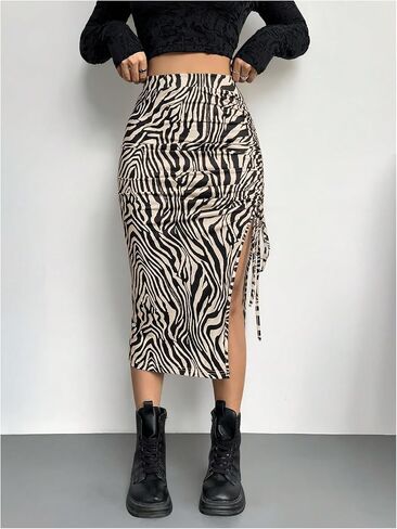 Verdusa Women's Animal Print Drawstring Thigh Slit Bodycon Skirt Elegant Ruched Long Skirts in Saudi Arabia