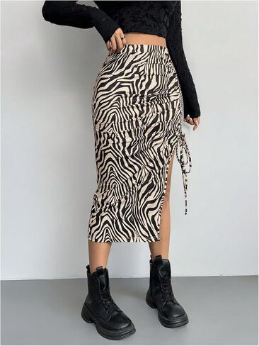 Verdusa Women's Animal Print Drawstring Thigh Slit Bodycon Skirt Elegant Ruched Long Skirts in Saudi Arabia