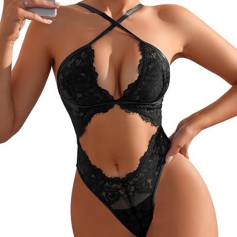 Women Sexy Lingerie One Piece Lace Cut Out Lingerie Bodysuit Crotch Teddy Underwear in Saudi Arabia
