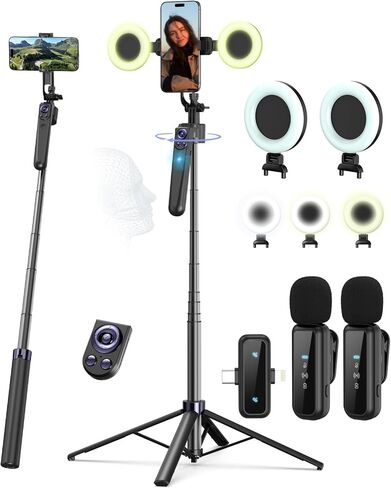71" Phone Tripod,Tripod for iPhone with Fill Light and Rechargeable Remote,Aluminum Selfie Stick Phone Stand Compatible with Cell Phone/Camera/Ring Light/DJI/GoPro in Saudi Arabia