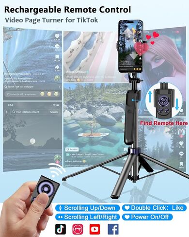 71" Phone Tripod,Tripod for iPhone with Fill Light and Rechargeable Remote,Aluminum Selfie Stick Phone Stand Compatible with Cell Phone/Camera/Ring Light/DJI/GoPro in Saudi Arabia