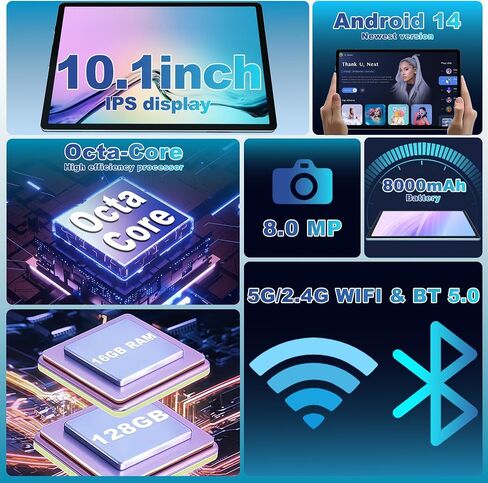 Android 14 Tablet, 10.1 Inch Android Tablet PC, 8GB RAM 128GB ROM 1TB Expand, 8000mAh Battery, Octa-Core 10.1 Inch with 13MP+8MP Camera/Bluetooth/GPS/WiFi/HD Display (Light Blue) in Saudi Arabia