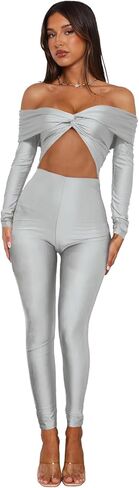 Sexy Long Sleeve Jumpsuit for Women, Twsit Knot Cut Out Bodycon Night Club Off the Shoulder Outfits in Kuwait