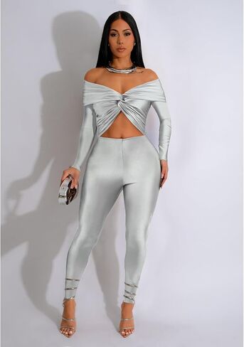 Sexy Long Sleeve Jumpsuit for Women, Twsit Knot Cut Out Bodycon Night Club Off the Shoulder Outfits in Kuwait