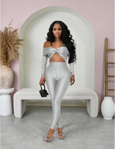 Sexy Long Sleeve Jumpsuit for Women, Twsit Knot Cut Out Bodycon Night Club Off the Shoulder Outfits in Kuwait
