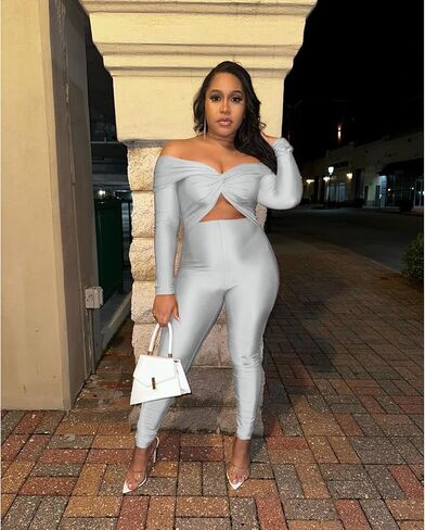 Sexy Long Sleeve Jumpsuit for Women, Twsit Knot Cut Out Bodycon Night Club Off the Shoulder Outfits in Kuwait