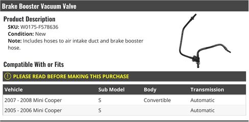 Brake Booster Vacuum Valve with Hose - Compatible with 2005-2008 Mini Cooper S with Automatic Transmission in Saudi Arabia