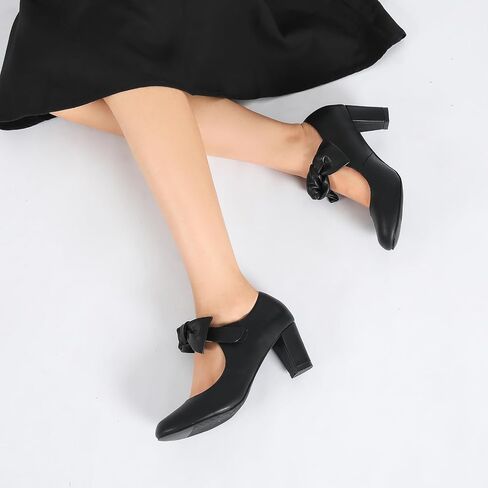 LIURUIJIA Women's Bow Mary Janes Block Heel Pumps Dress Shoes | Round Toe Ankle Strap, 2.36" Chunky Heel Vintage Dress Shoes for Office, Party, Church, Wedding & Daily Wear in Saudi Arabia