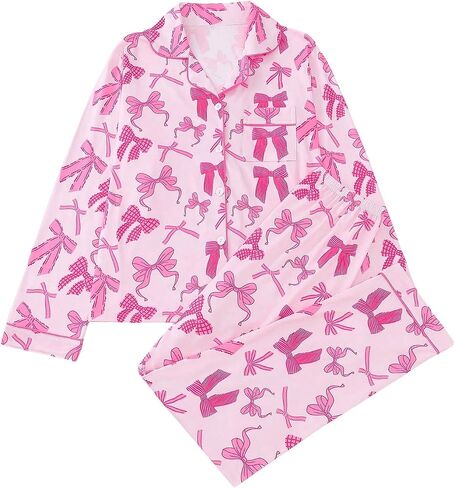 Verdusa Women's 2 Piece Bow Pajama Set Long Sleeve Button Down Shirt and Pants Lounge Set in Saudi Arabia