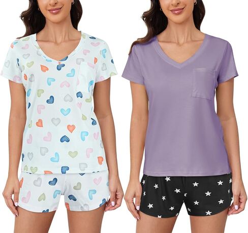 Ventelan 2 Pack Womens Pajama مجموعات قمم قصيرة الأكمام مع شورتات مريحة PJS Lounge Sleepwear مجموعات S-2XL in Kuwait