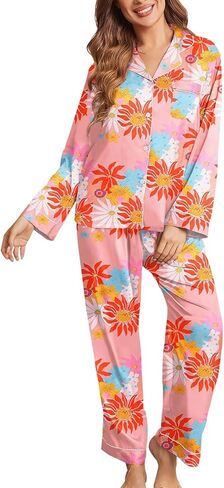 Brosloth Womens Silk Button Up Pajamas Floral Print Long Sistin Satin 2 Piece PJ Sets in Kuwait