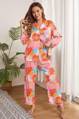Brosloth Womens Silk Button Up Pajamas Floral Print Long Sistin Satin 2 Piece PJ Sets in Kuwait