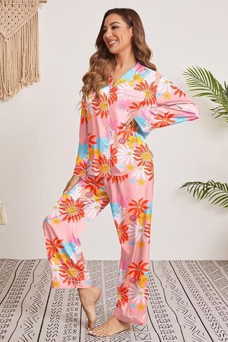 Brosloth Womens Silk Button Up Pajamas Floral Print Long Sistin Satin 2 Piece PJ Sets in Kuwait