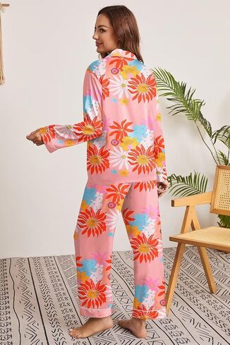 Brosloth Womens Silk Button Up Pajamas Floral Print Long Sistin Satin 2 Piece PJ Sets in Kuwait