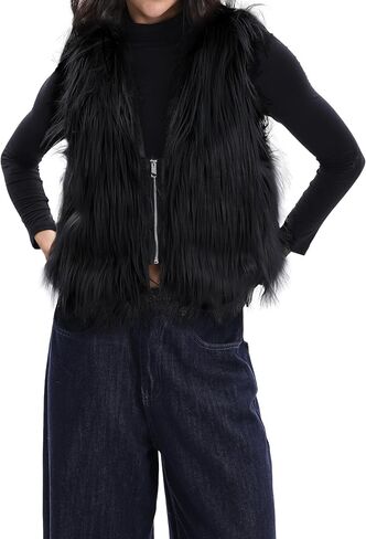 Womens Faux Fur Vest Zip Up V Neck Sleeveless Open Front Cardigan Top Fuzzy Coats Jacket Fluffy Outwear with Pockets in Kuwait
