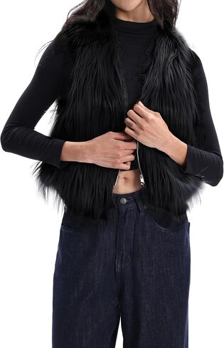 Womens Faux Fur Vest Zip Up V Neck Sleeveless Open Front Cardigan Top Fuzzy Coats Jacket Fluffy Outwear with Pockets in Kuwait