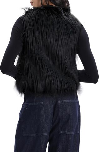 Womens Faux Fur Vest Zip Up V Neck Sleeveless Open Front Cardigan Top Fuzzy Coats Jacket Fluffy Outwear with Pockets in Kuwait