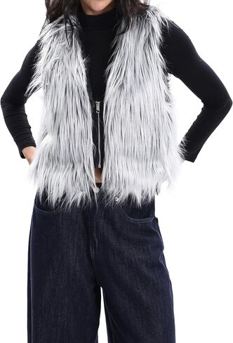 Womens Faux Fur Vest Zip Up V Neck Sleeveless Open Front Cardigan Top Fuzzy Coats Jacket Fluffy Outwear with Pockets in Kuwait