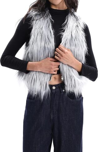 Womens Faux Fur Vest Zip Up V Neck Sleeveless Open Front Cardigan Top Fuzzy Coats Jacket Fluffy Outwear with Pockets in Kuwait