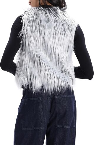 Womens Faux Fur Vest Zip Up V Neck Sleeveless Open Front Cardigan Top Fuzzy Coats Jacket Fluffy Outwear with Pockets in Kuwait