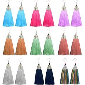 Coadipress 9 Pairs Colorful Long Thread Tassel Earrings Set for Women - Statement Handmade Boho Ethnic Silk Fabric Earrings Fashion Jewelry in Saudi Arabia