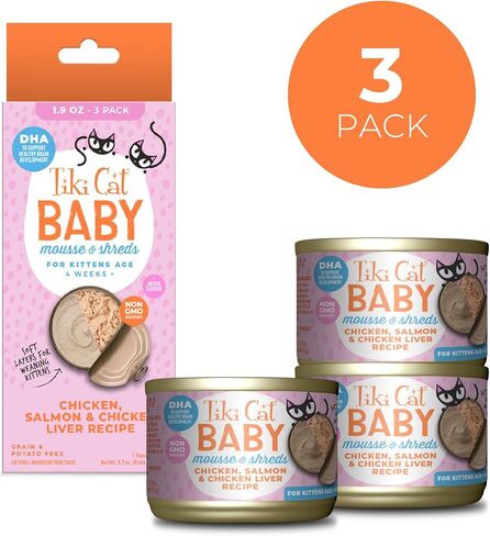 Tiki Cat Baby Thrive, Chicken & Chicken Liver, High-Protein & Flavorful, Wet Cat Food for Kittens 4 Weeks+, 5.6 oz. Pouches (Pack of 8) in Kuwait