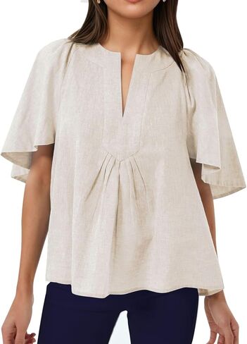 Kedera Womens White Blouse V Neck Flutter Sleeve Linen Shirts Casual Cute Summer Tops in Saudi Arabia