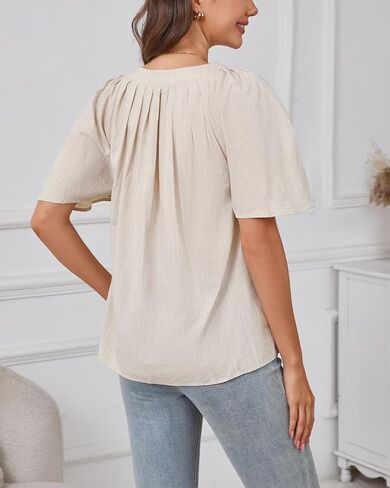 Kedera Womens White Blouse V Neck Flutter Sleeve Linen Shirts Casual Cute Summer Tops in Saudi Arabia