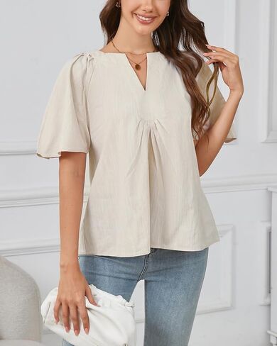 Kedera Womens White Blouse V Neck Flutter Sleeve Linen Shirts Casual Cute Summer Tops in Saudi Arabia