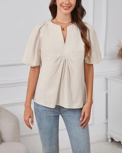 Kedera Womens White Blouse V Neck Flutter Sleeve Linen Shirts Casual Cute Summer Tops in Saudi Arabia