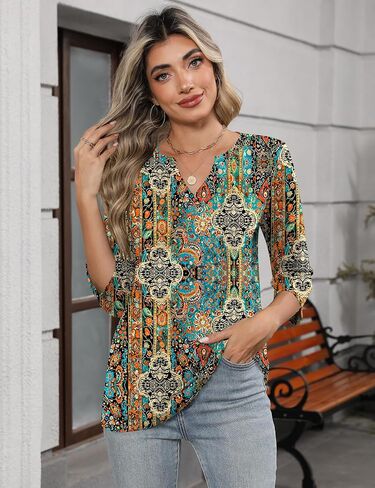 Lomon Womens 3/4 طول الأكمام قمم v الرقبة T قمصان غير رسمية Tees عمل بلوزة ربيع القمصان الصيفية in Kuwait