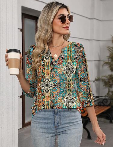 Lomon Womens 3/4 طول الأكمام قمم v الرقبة T قمصان غير رسمية Tees عمل بلوزة ربيع القمصان الصيفية in Kuwait