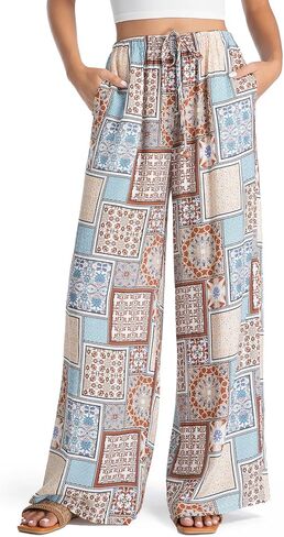 Womens Casual Mid Waist Wide Leg Pants Summer Floral Solid Palazzo Baggy Pants Lounge Beach Trousers with Pocket in Kuwait