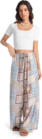 Womens Casual Mid Waist Wide Leg Pants Summer Floral Solid Palazzo Baggy Pants Lounge Beach Trousers with Pocket in Kuwait