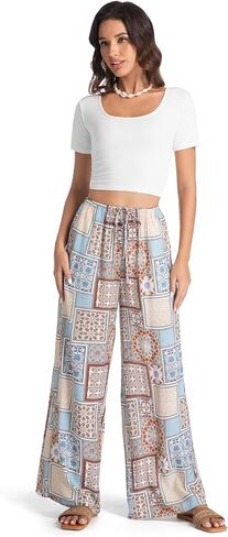 Womens Casual Mid Waist Wide Leg Pants Summer Floral Solid Palazzo Baggy Pants Lounge Beach Trousers with Pocket in Kuwait